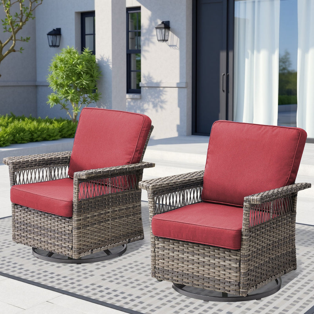 2 Piece Swivel Rocker Patio Chairs Set with 5-Inch Armrest and Thick Cushion, Gray/Red