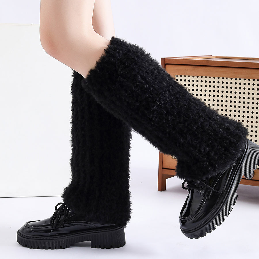 Autumn Winter Solid Knitted Fuzzy Sock Covers Women Thickened Warm Y2K Style Fleece-Lined Fluffy Fur Leg Warmers Calf Socks Pair