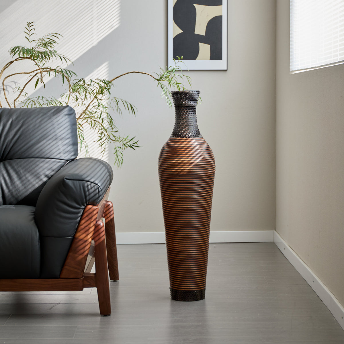 Hand-Woven PVC Rattan Floor Vase, 39 Inch Tall