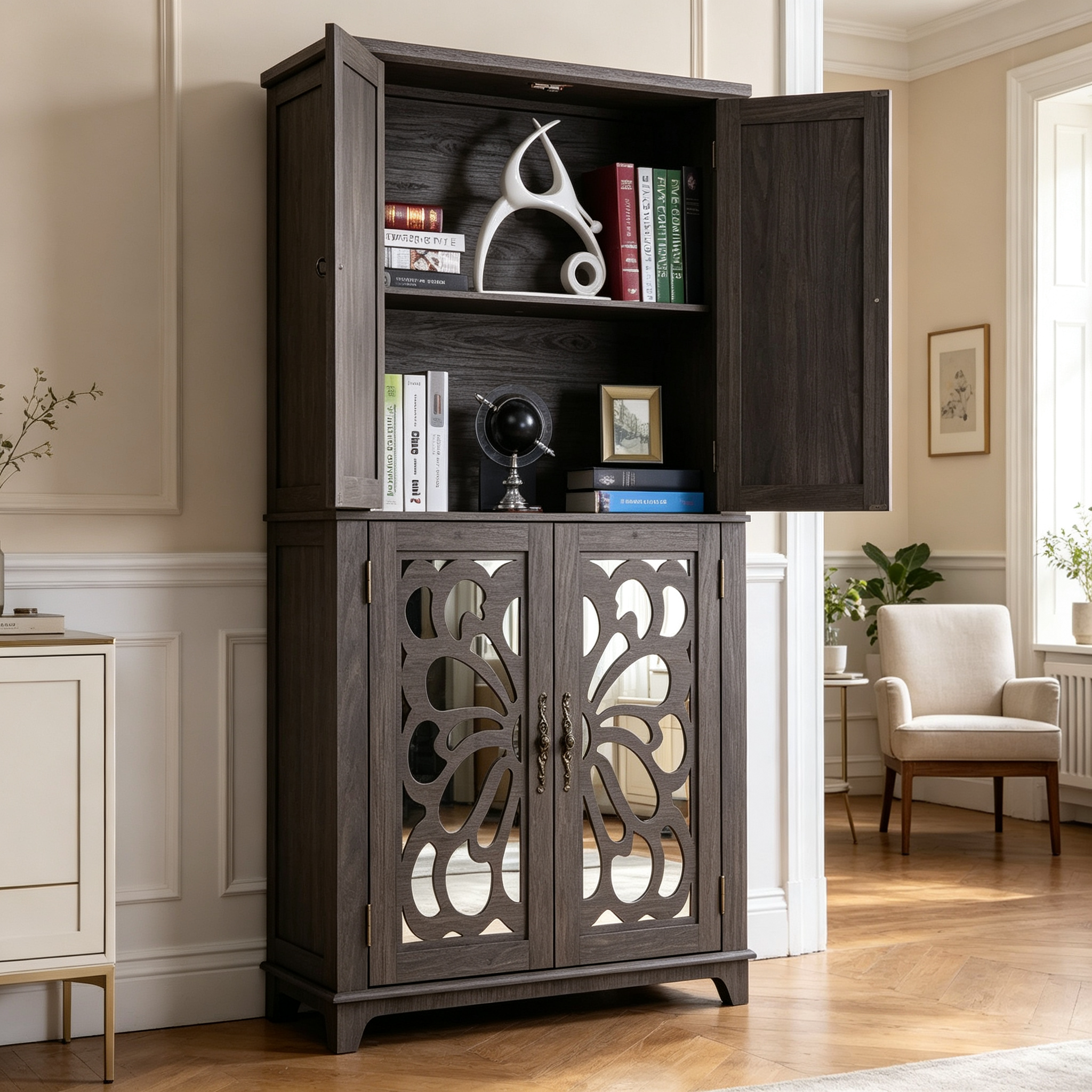 Display Sideboard Buffet with 4 Acrylic Mirrored Doors