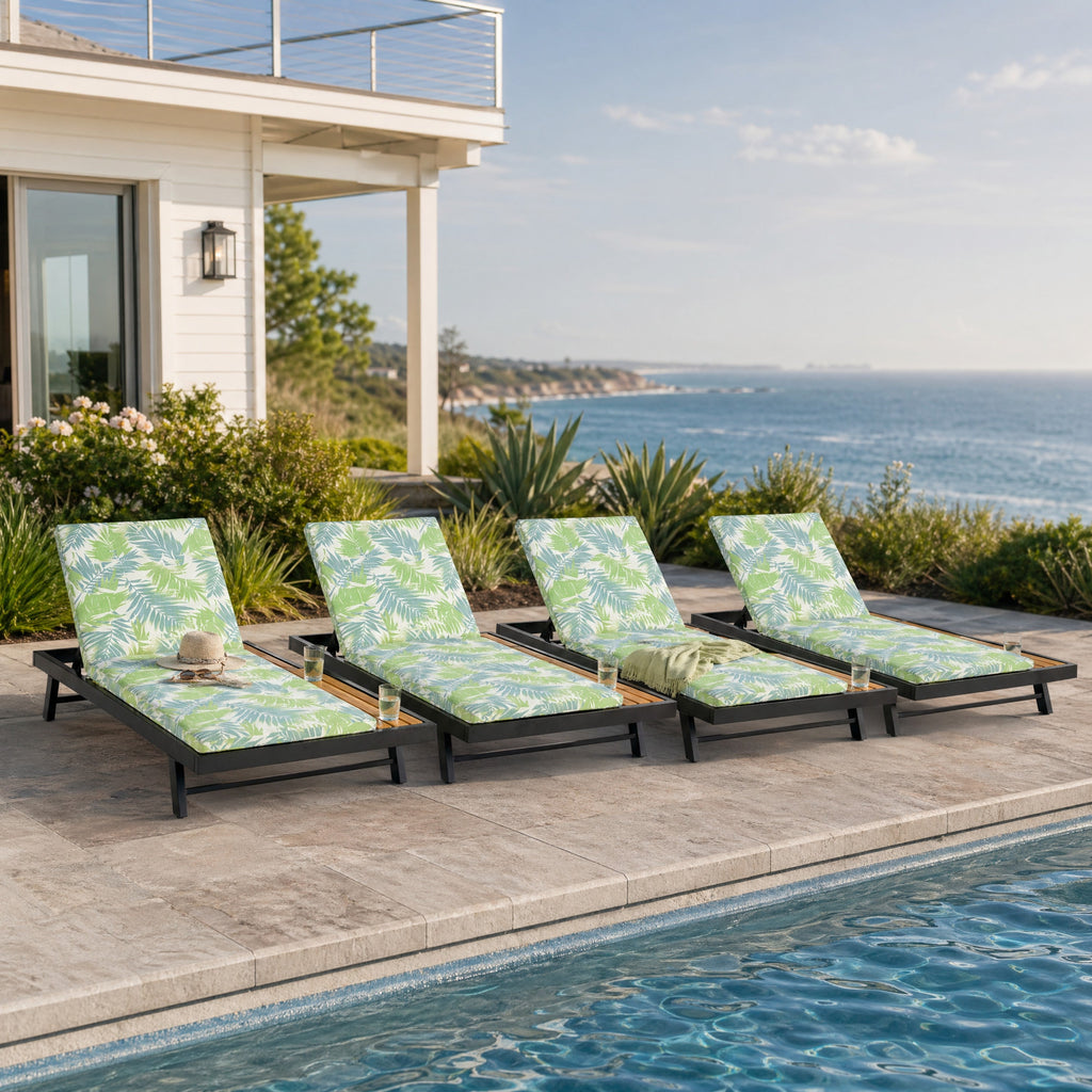 Black Iron + Teak Finish Outdoor Chaise Lounge Set