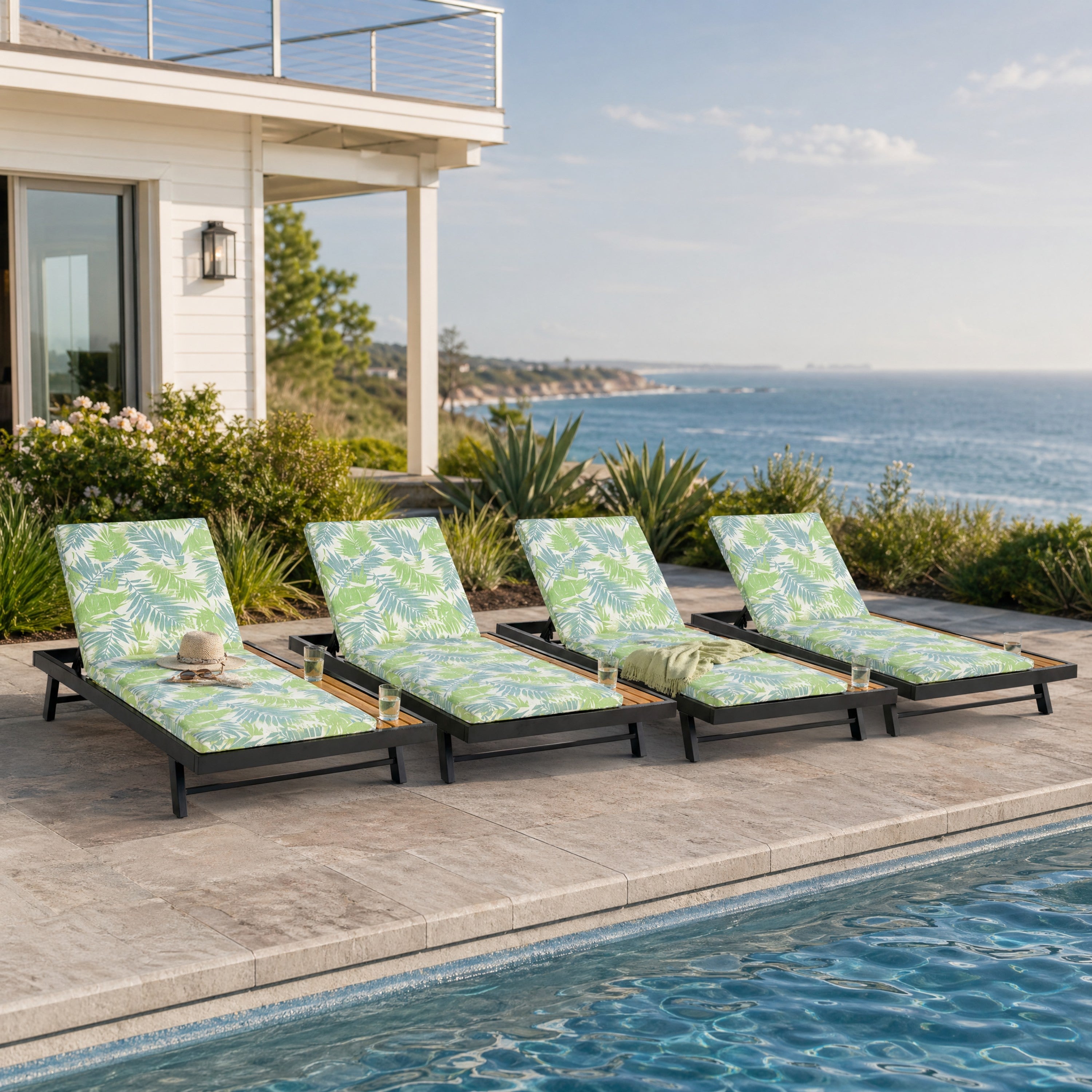 Black Iron + Teak Finish Outdoor Chaise Lounge Set