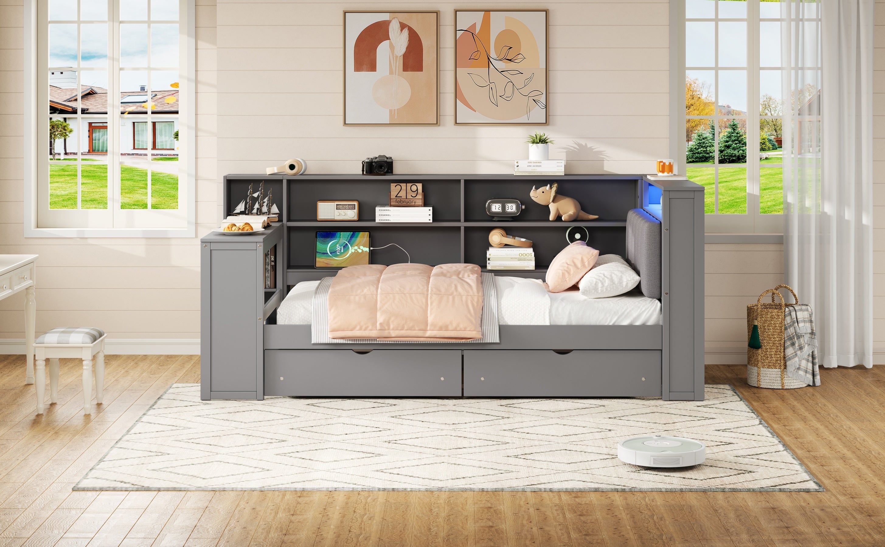 Wood Twin Size Platform Bed with Storage Shelves and Charging Station