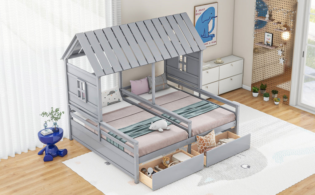 Twin Size House Platform Beds with Storage Drawers