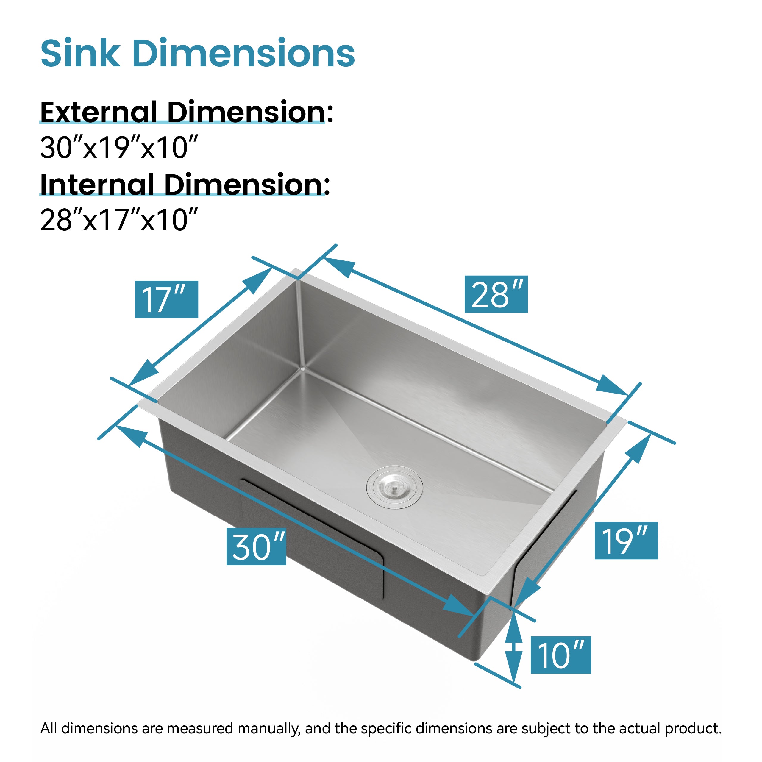Stainless Steel Kitchen Sink, 30"x19" Drop In Single Bowl