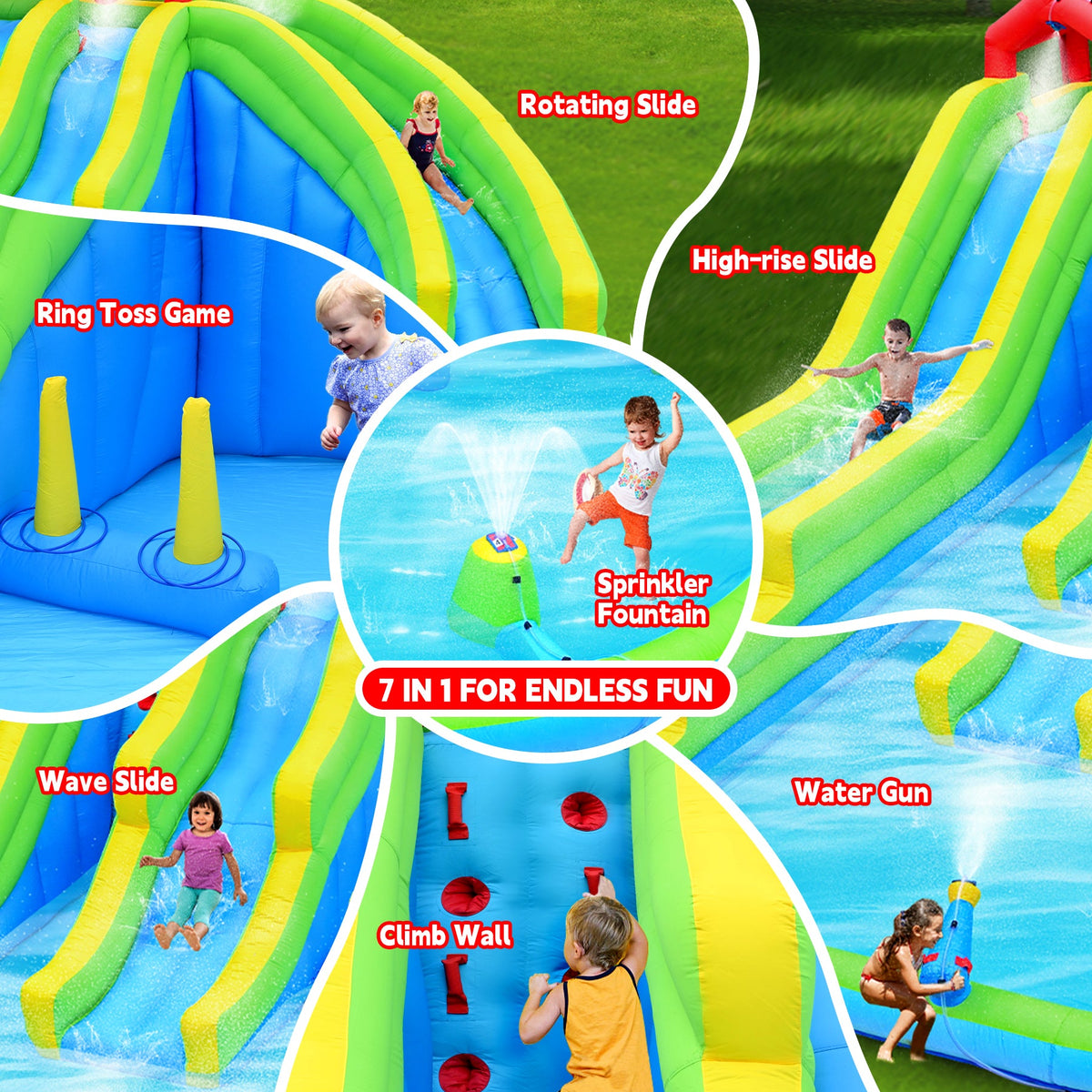 7 in 1 Inflatable Water Park with Three Slides