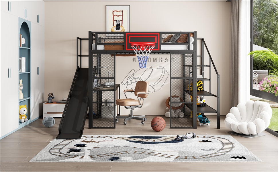 Full Size Metal Loft Bed with Built-in Desk, Open Wardrobe, Basketball Hoop, Slide and Staircase