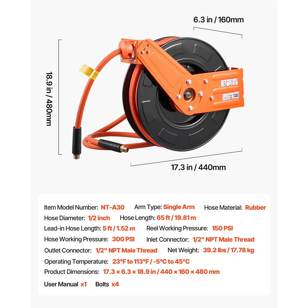 Retractable Air Hose Reel, 1/2 Inch x 65 FT Rubber Air Hose