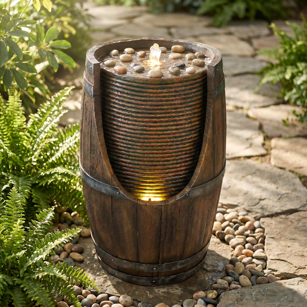 Outdoor Barrel Water Fountain with Lights