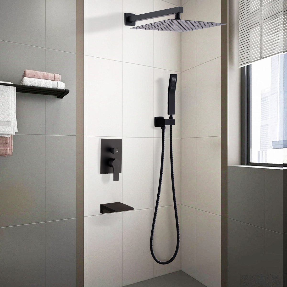 Black Shower Faucet Set with Rainfall Shower Head