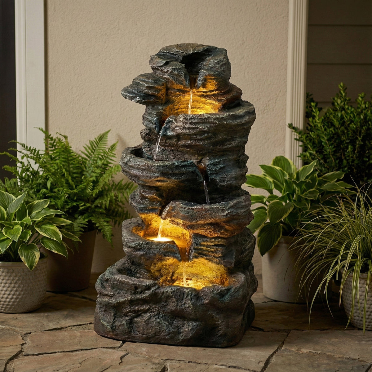 6-Tier Outdoor Cascading Stone Water Fountain with LED Lights