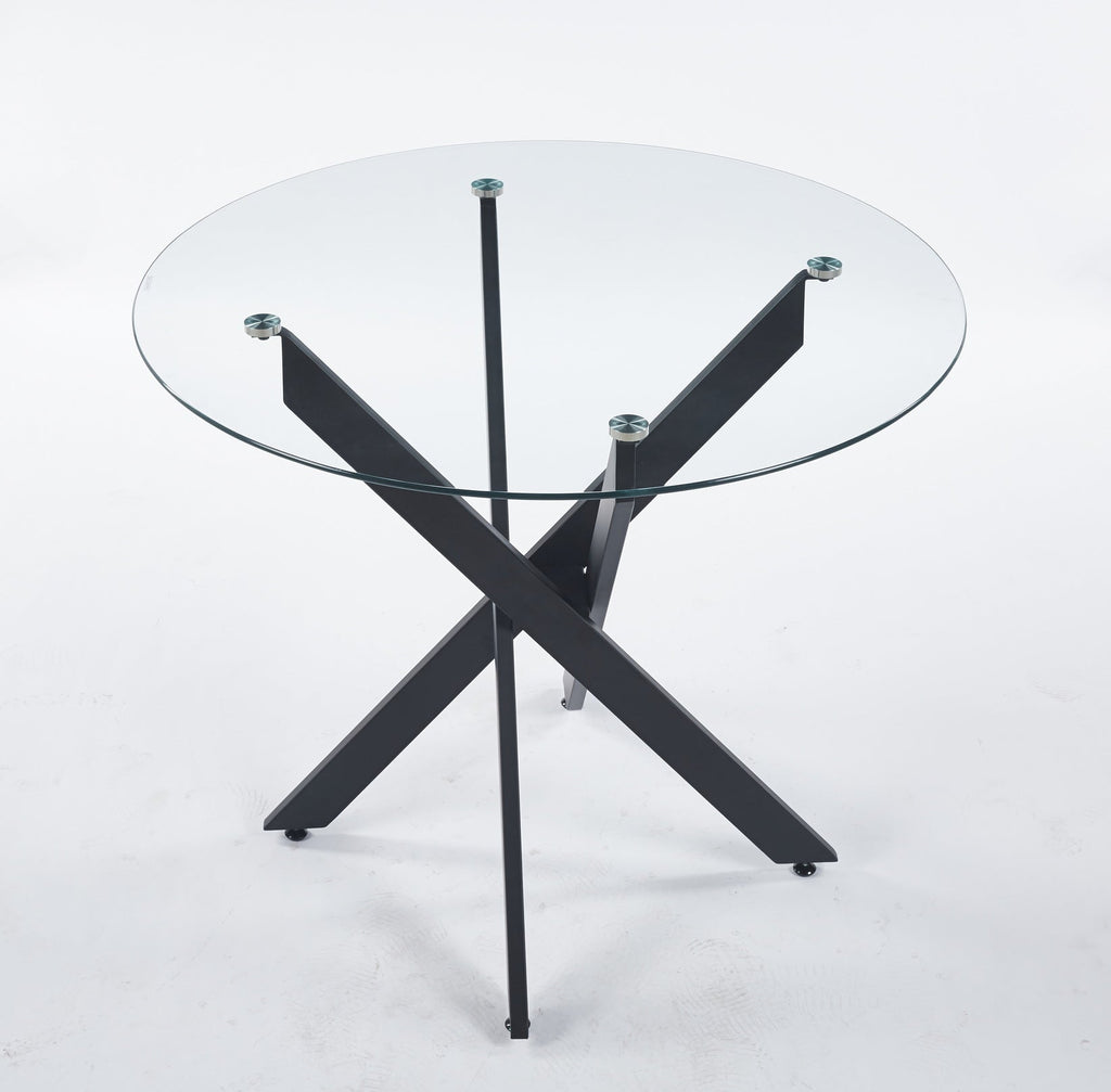 Black Dining Table with Cross Metal Leg and Tempered Glass