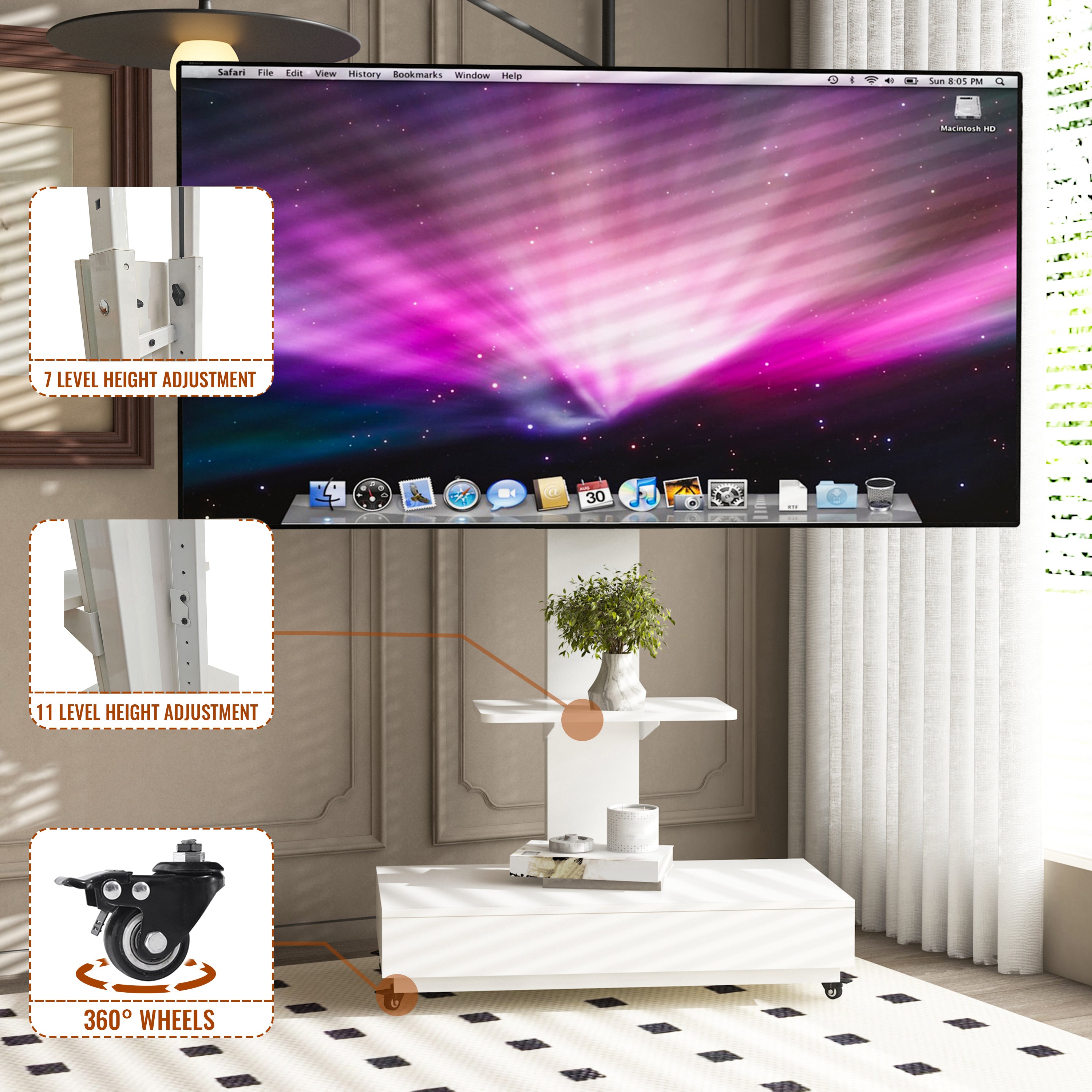 Adjustable Mobile TV Stand with Push-Pull Drawer