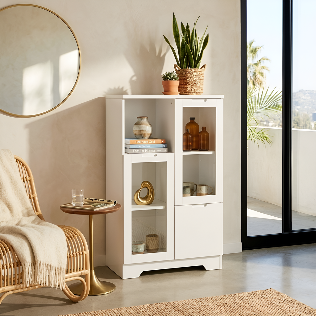 MDF Painted Cabinet with Glass Doors and Drawer
