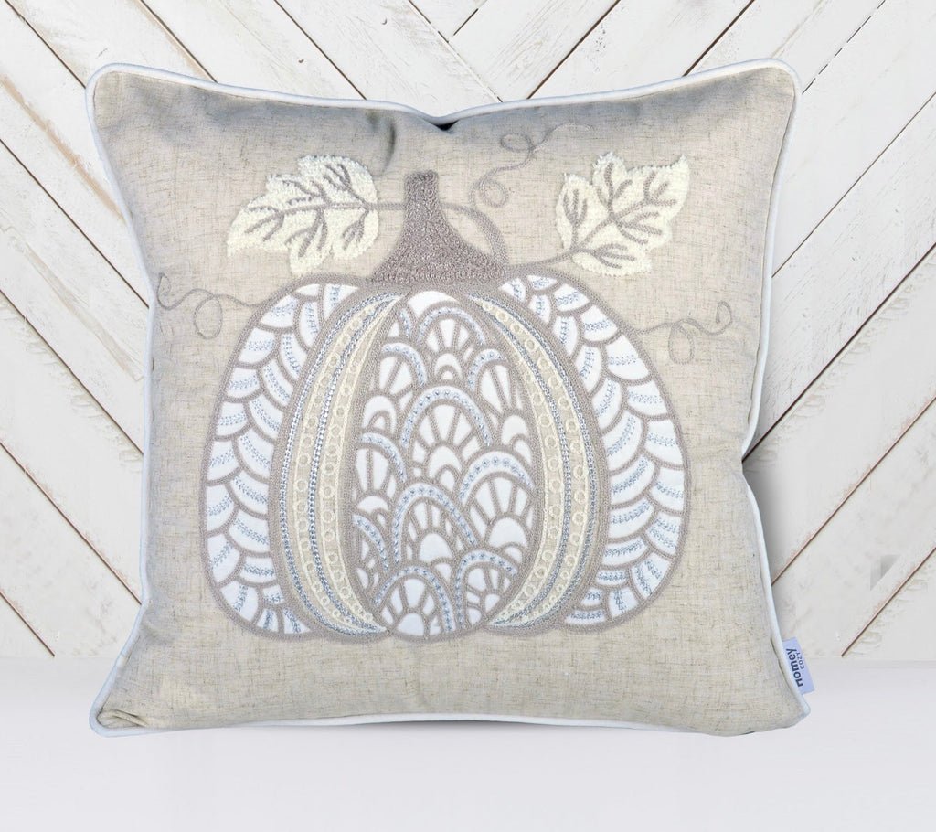 Lace Embroidered Pumpkin Throw Pillow – Neutral Fall Accent Cushion Set of 2