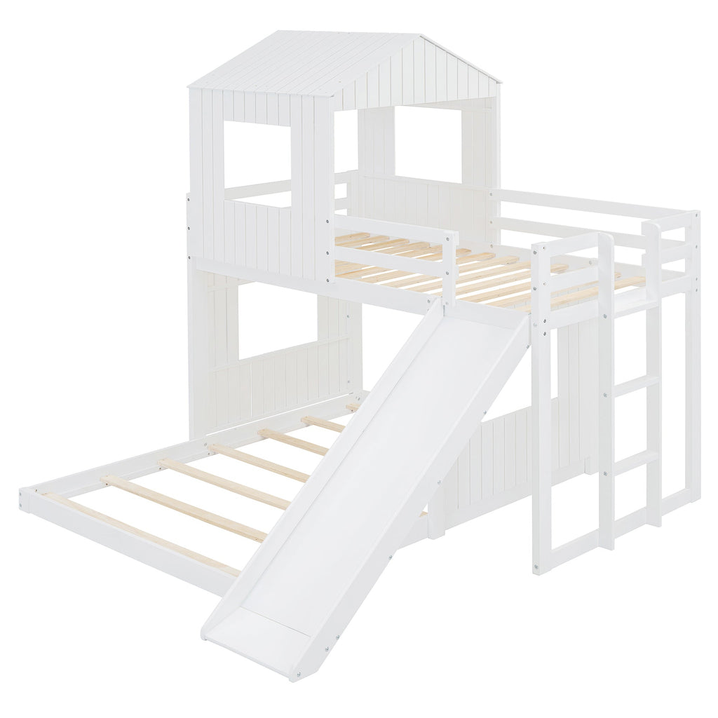 Wooden Twin Over Full Bunk Bed with Playhouse