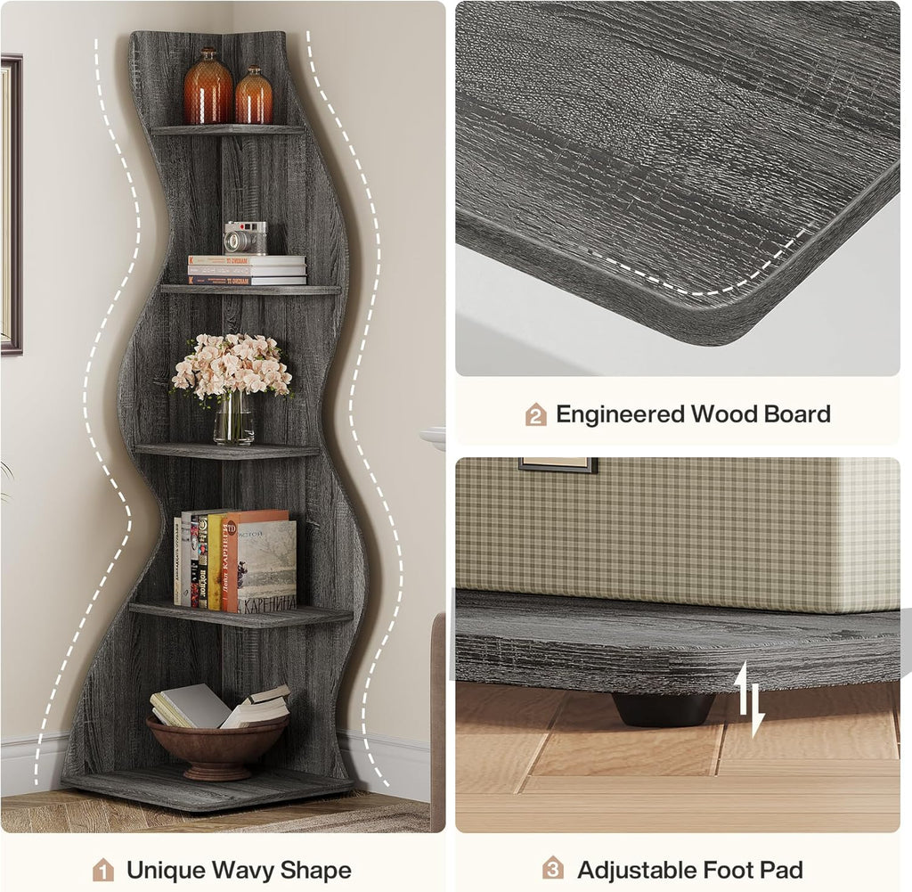 69.8" Height 5-Tier Wavy Corner Bookshelf