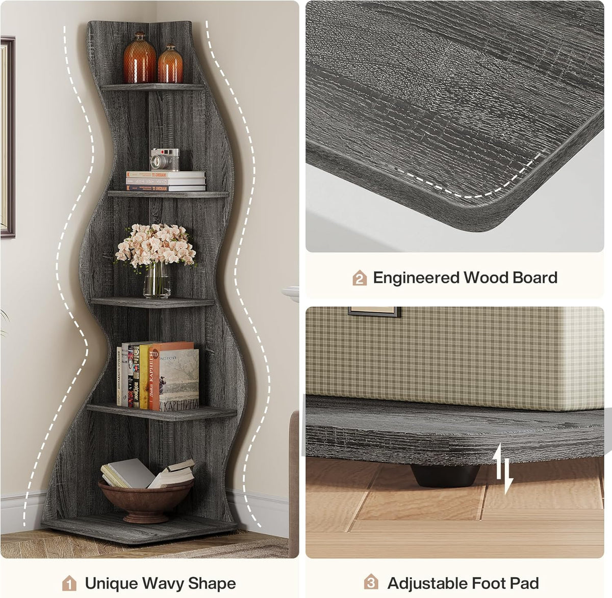 69.8" Height 5-Tier Wavy Corner Bookshelf