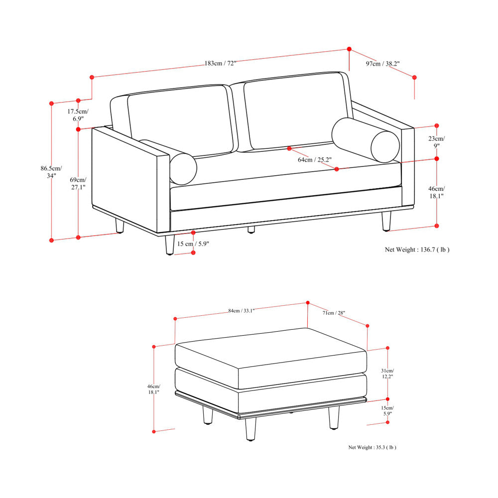 Morrison 72-Inch Sofa and Ottoman Set