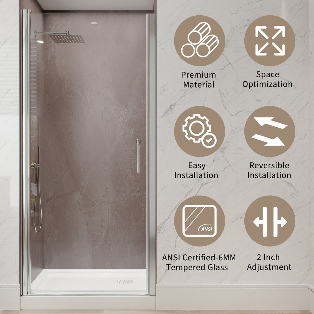 34 In. to 36 In. x 72 In. Semi-Frameless Pivot Shower Door