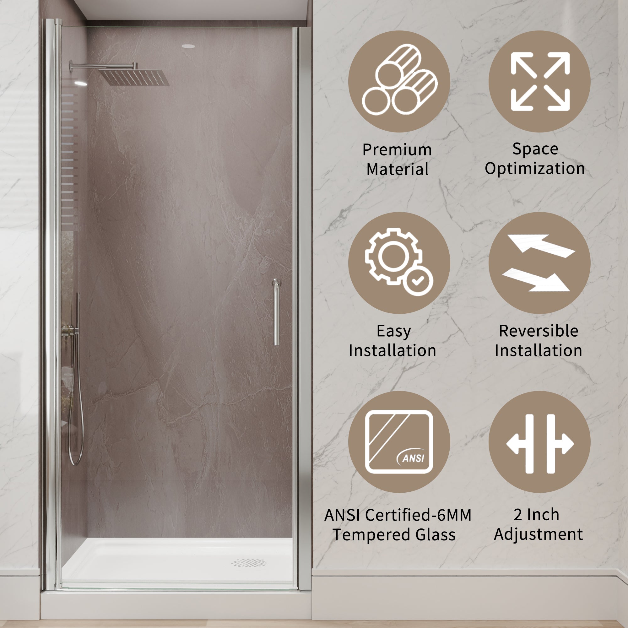 34 In. to 36 In. x 72 In. Semi-Frameless Pivot Shower Door