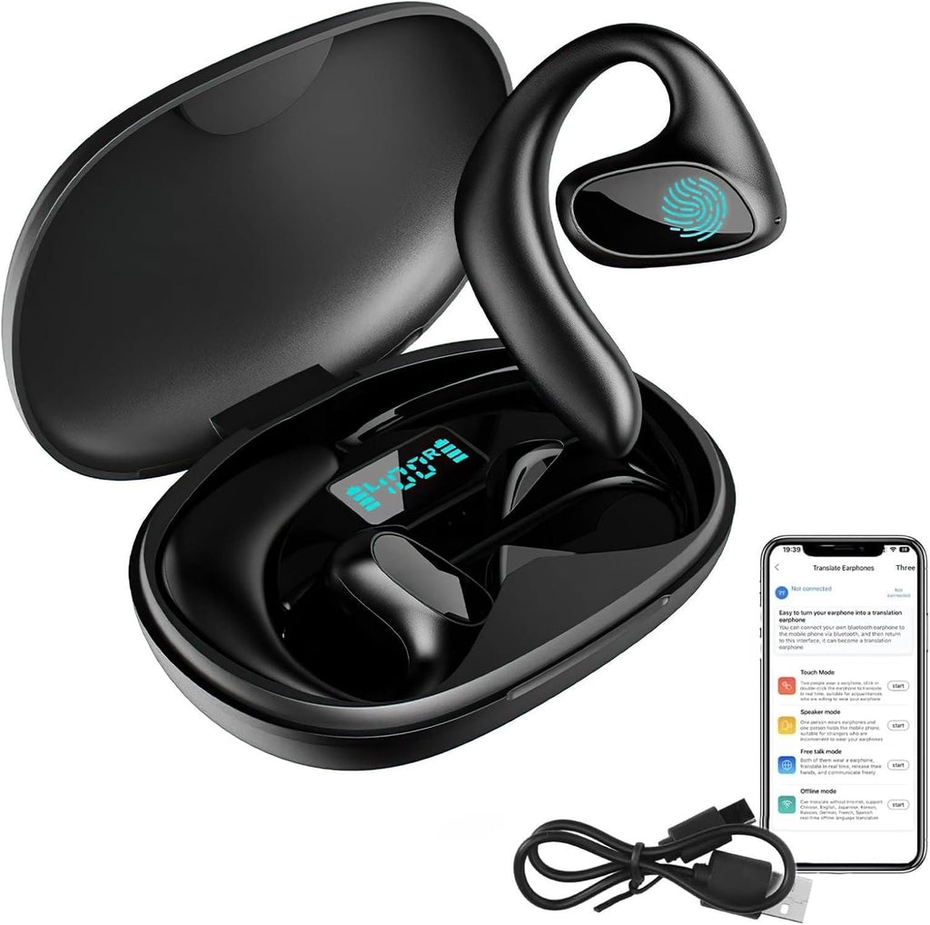 Ear-hook Wireless Translation Headphones - Long Battery Life Open-ear Bluetooth Headset with Real-time Multi-language Interpretation for Sports and Business