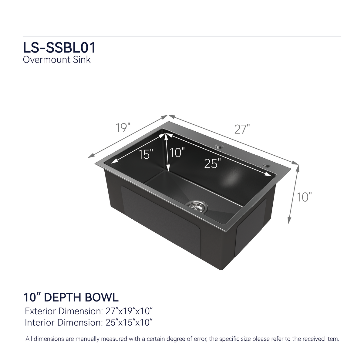 Stainless Steel Kitchen Sink - 27"x19" Single Bowl