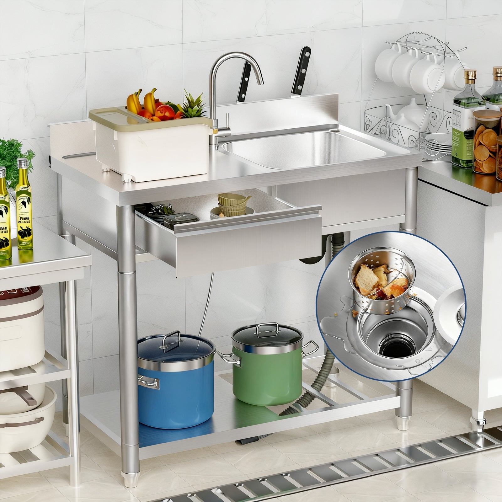 304 Stainless Steel Outdoor Utility Sink With Workbench & Storage Shelf