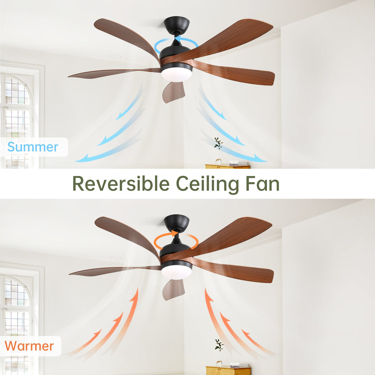 52 Inch Indoor Ceiling Fan With 3 Color Dimmable 5 ABS Blades Remote Control Reversible DC Motor