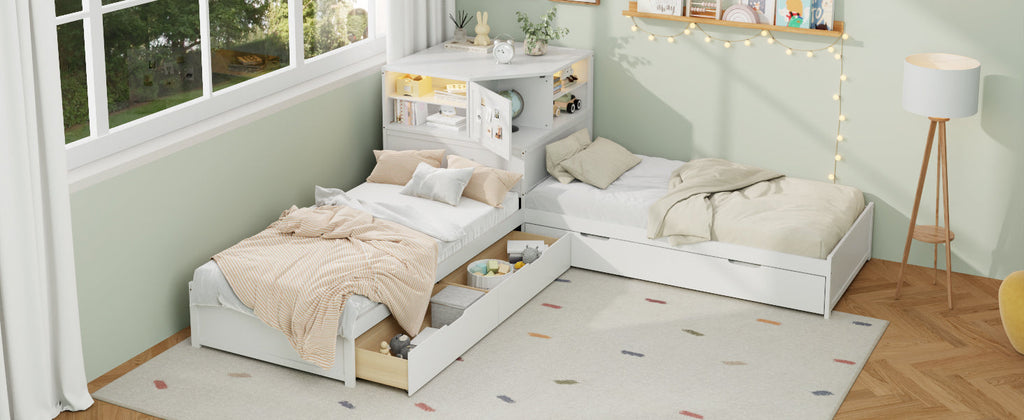 L-Shaped Combination Twin Bed Frame with Trundle and Drawer
