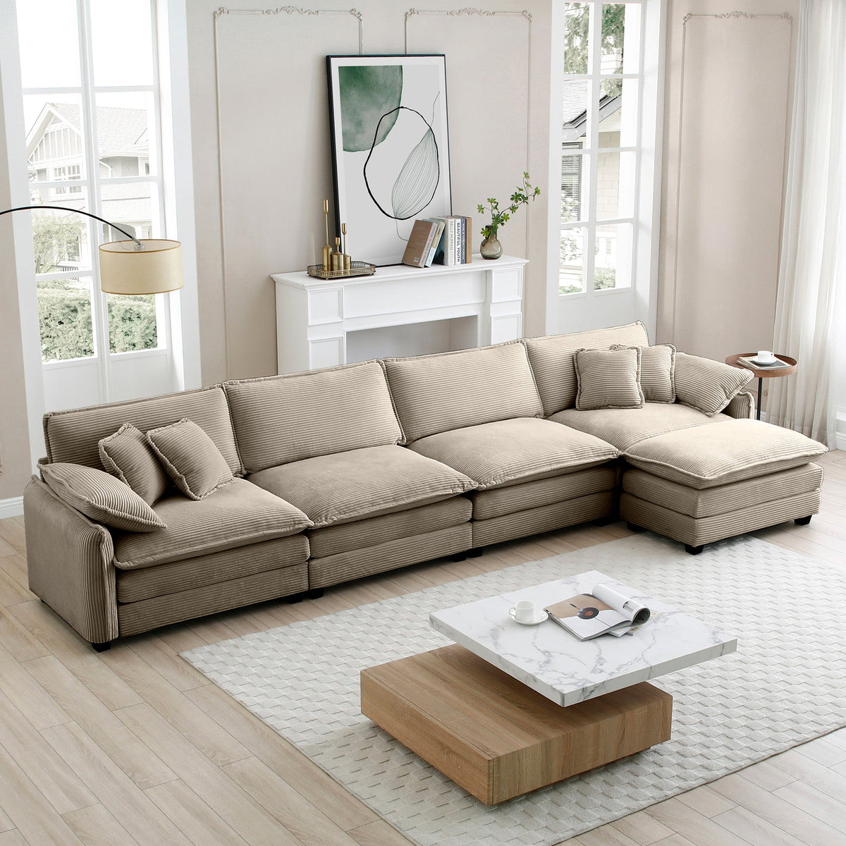 Corduroy Sofa Modern Upholstered 4 Seater with Footstool
