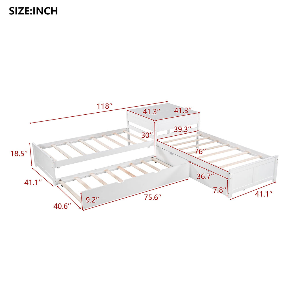 L-shaped Platform Bed with Trundle and Built-in Desk