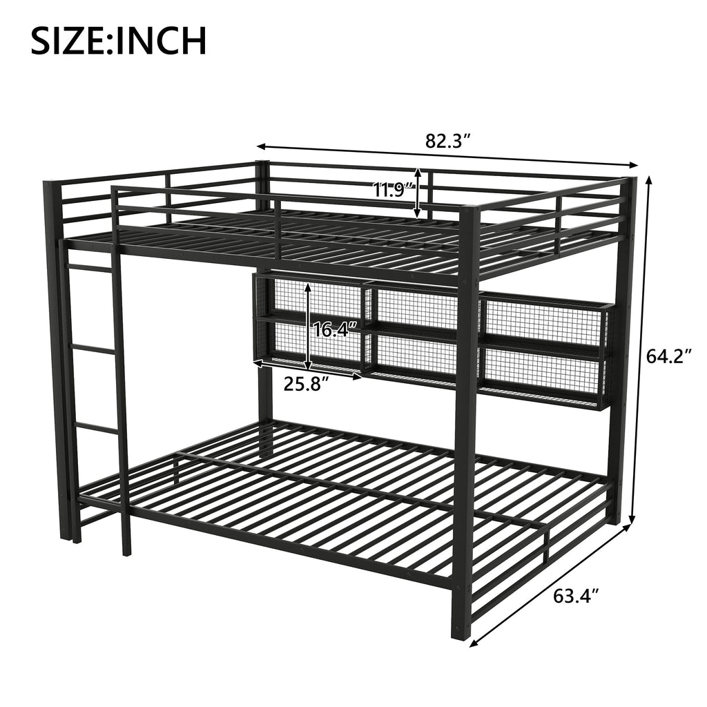 Metal Queen Over Queen Bunk Bed with Storage Cabinets and LED