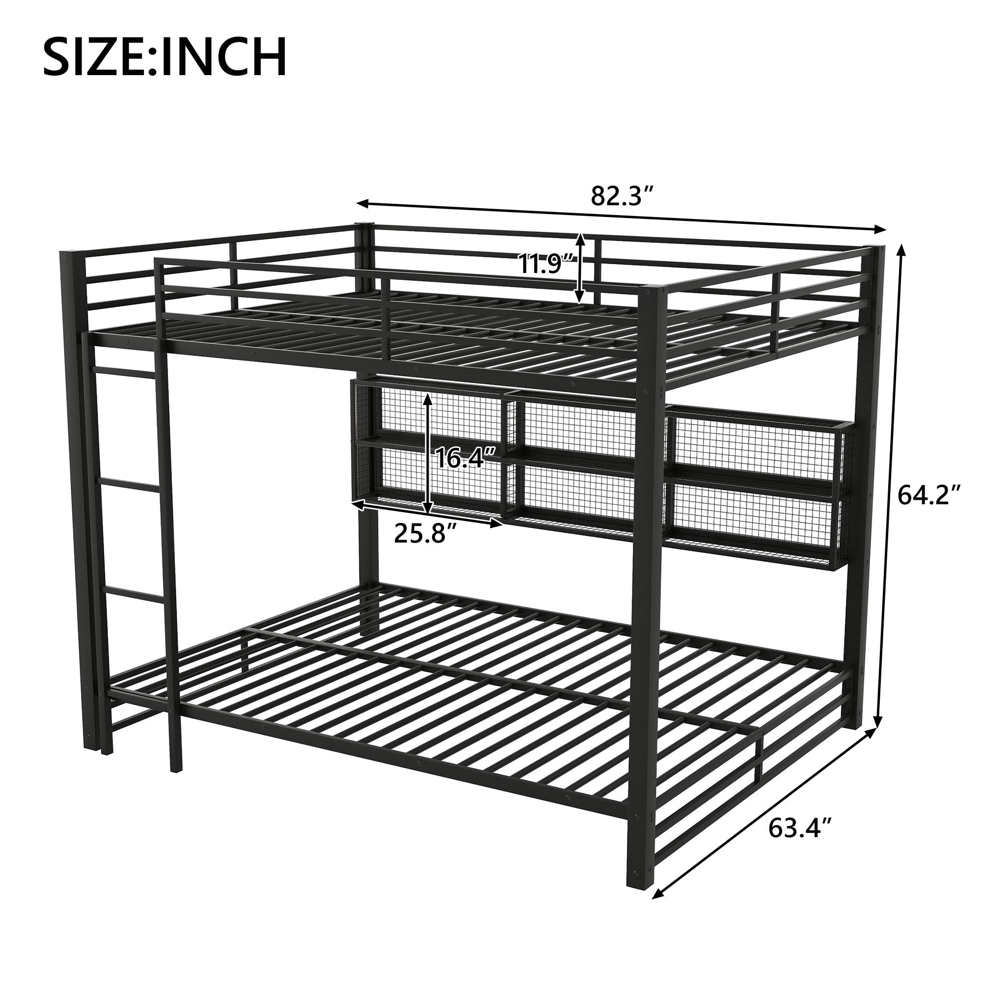 Metal Queen Over Queen Bunk Bed with Storage Cabinets and LED