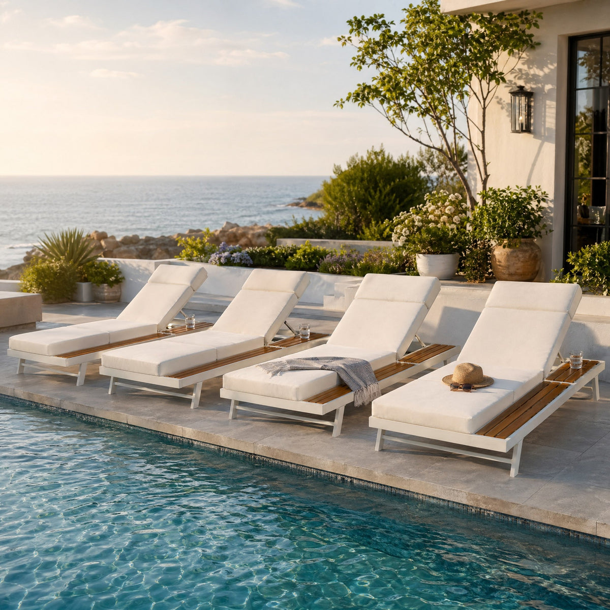 White Iron + Teak Finish Outdoor Chaise Lounge Set