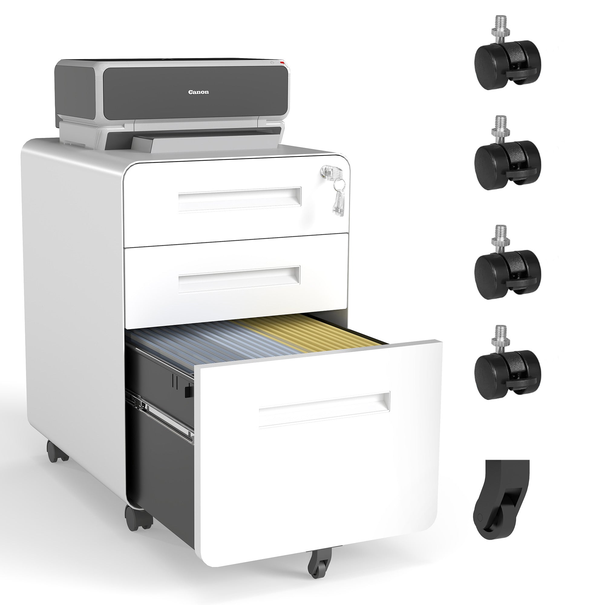 3-Drawer Wide Mobile File Cabinet with Lock