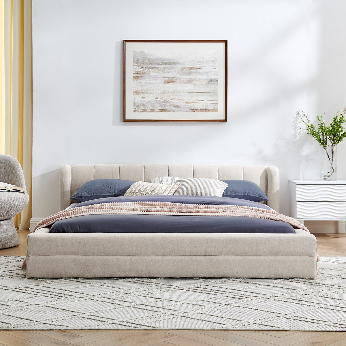 Queen Size Upholstered Bed Frame with Thick Fabric - Beige