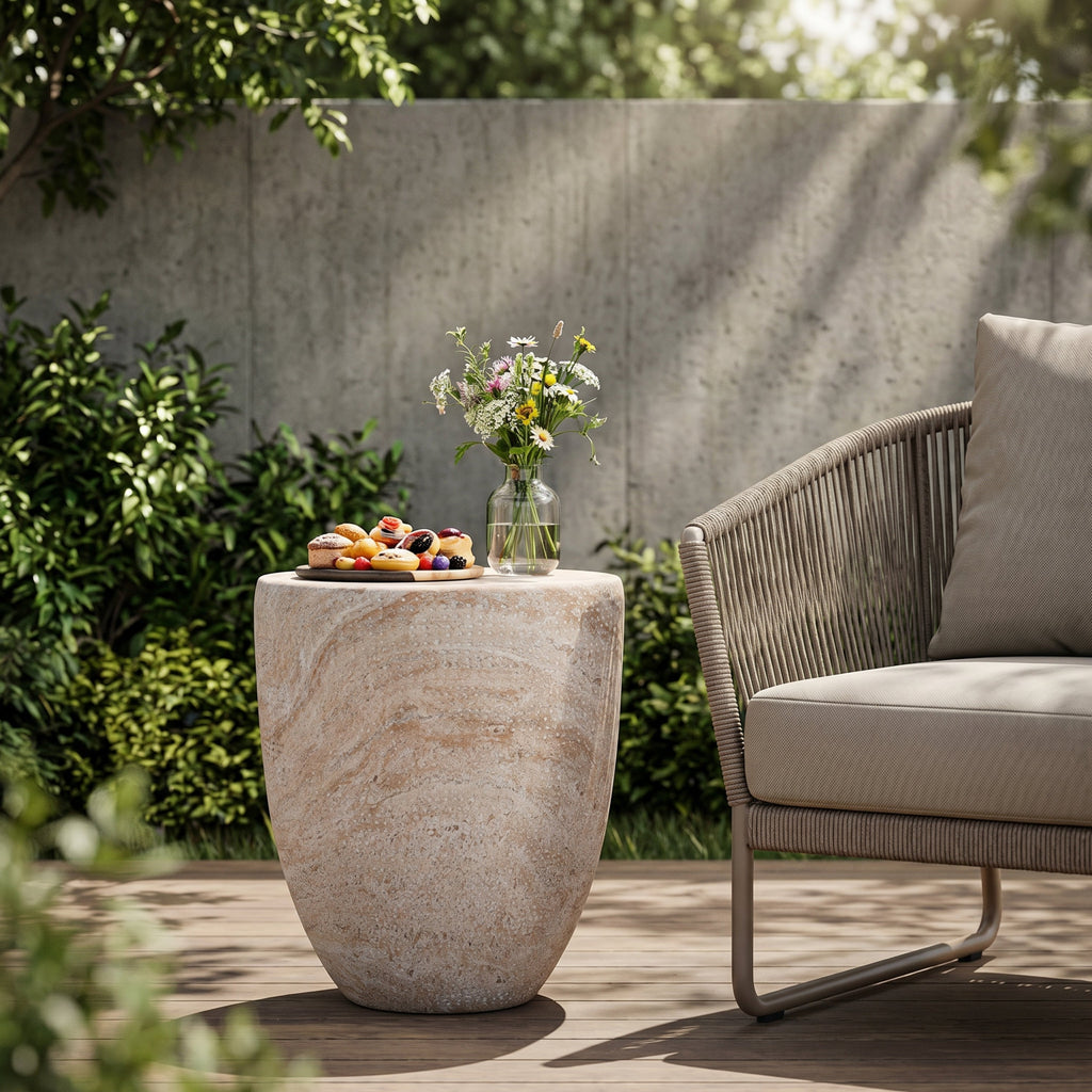 Outdoor/Indoor Lightweight Concrete Side Table - Travertine Finish
