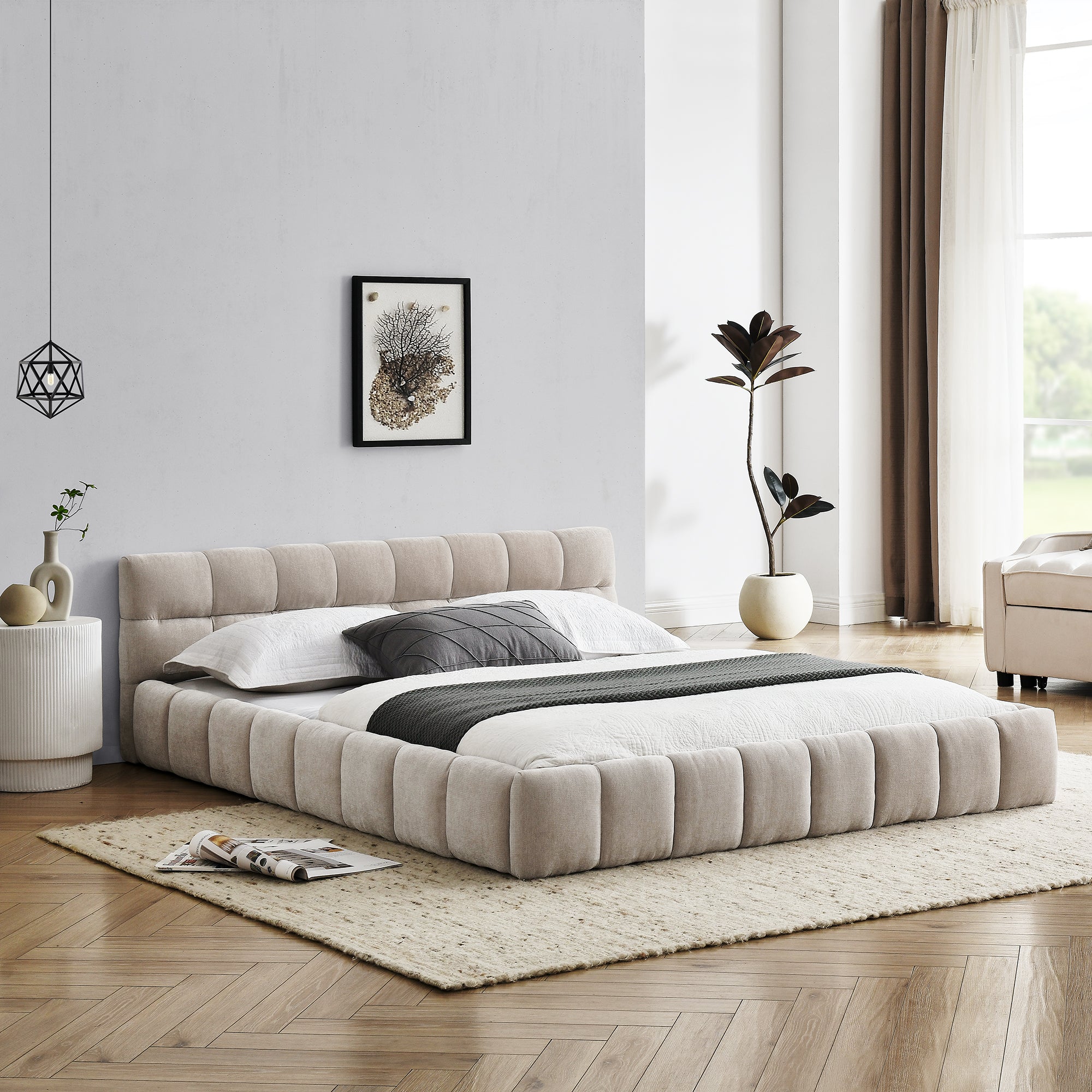 Queen Size Upholstered Bed Frame with Thick Fabric