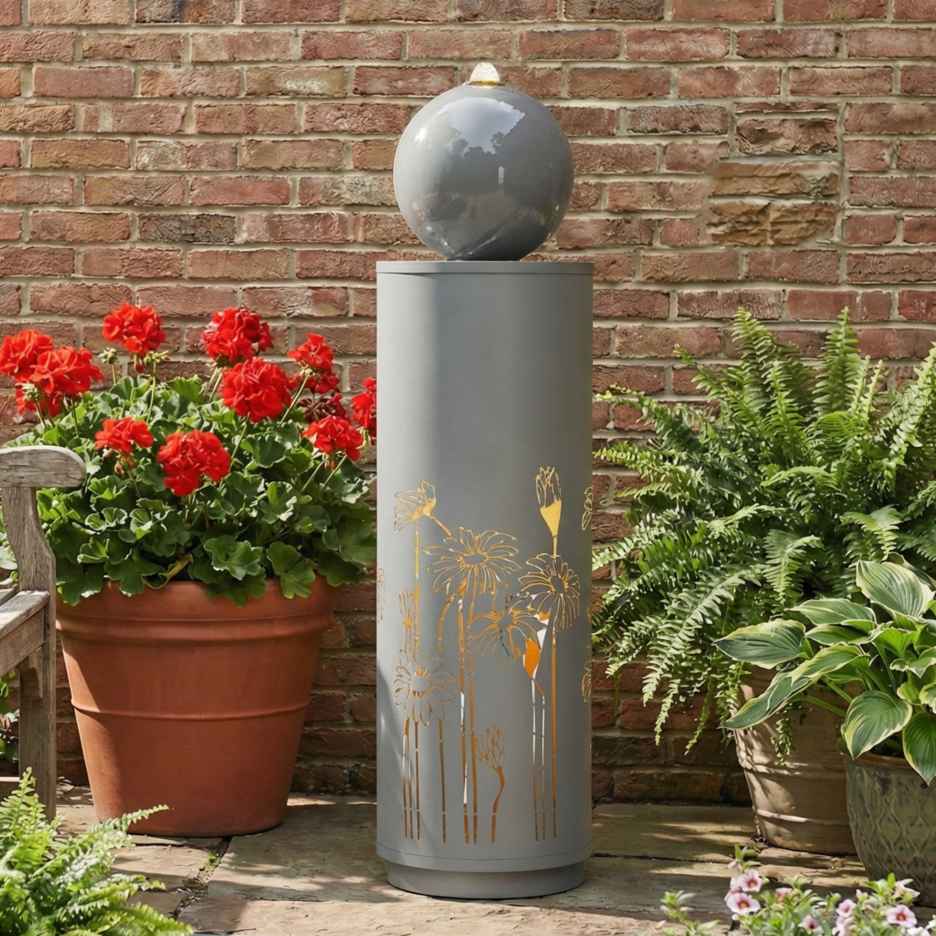 34.25"H Light Gray Metal Sphere-Top Fountain with LED Lights