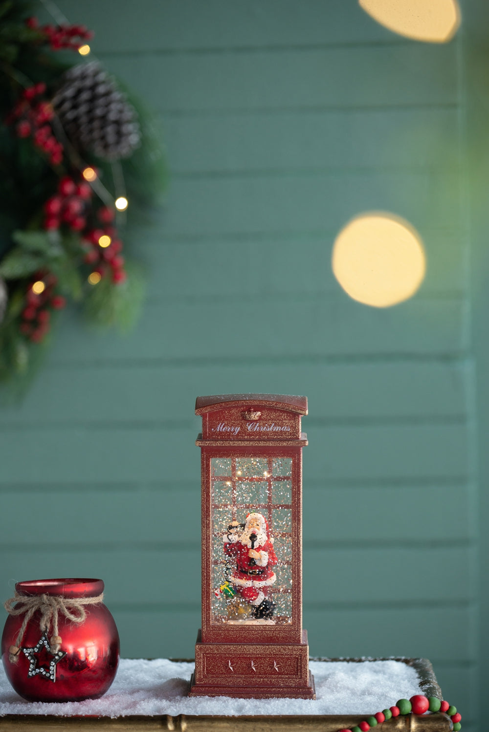 4x4x10"H Christmas Lighted Water Spinning Phone Booth With Santa