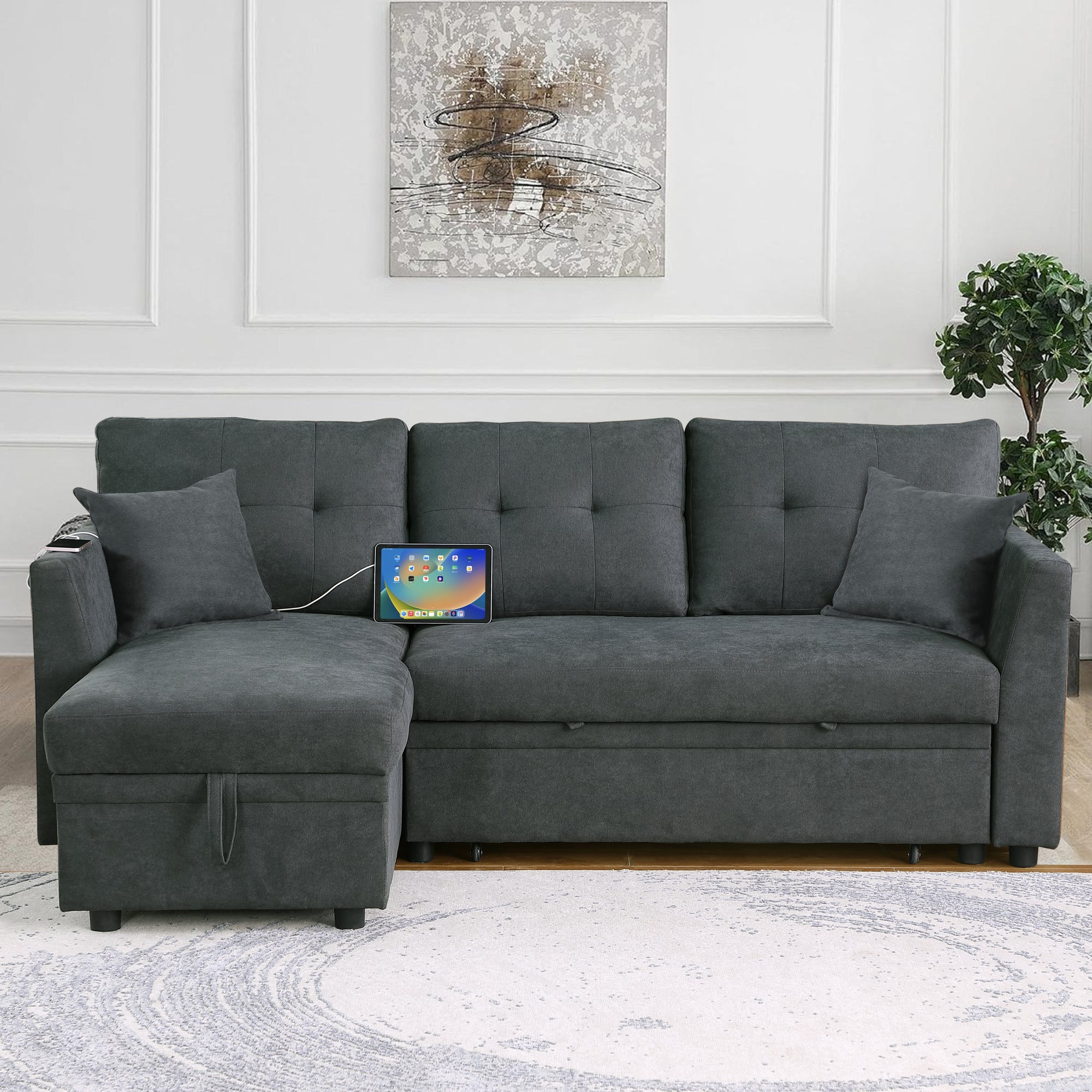Reversible L-Shaped Sofa Bed with USB Port