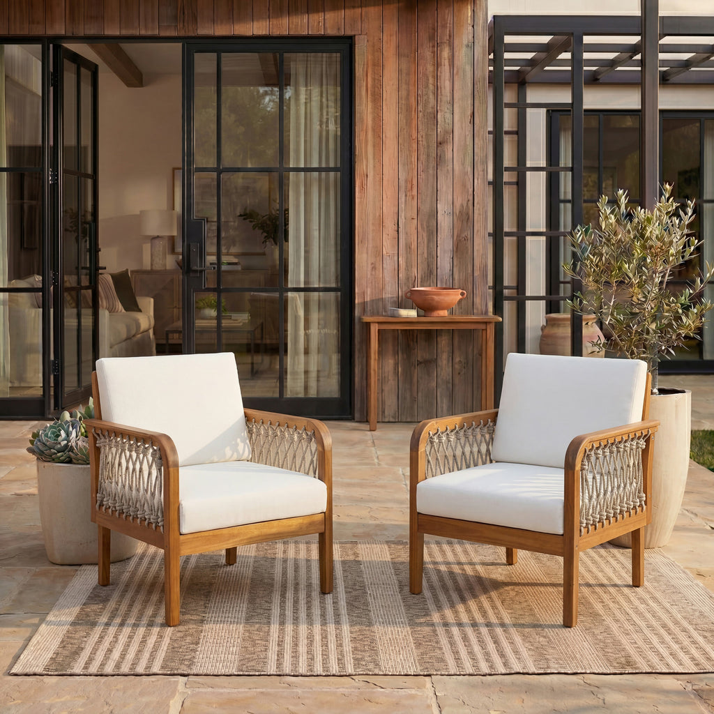 Outdoor Acacia Wood Club Chair with Handwoven Rope (Set of 2)