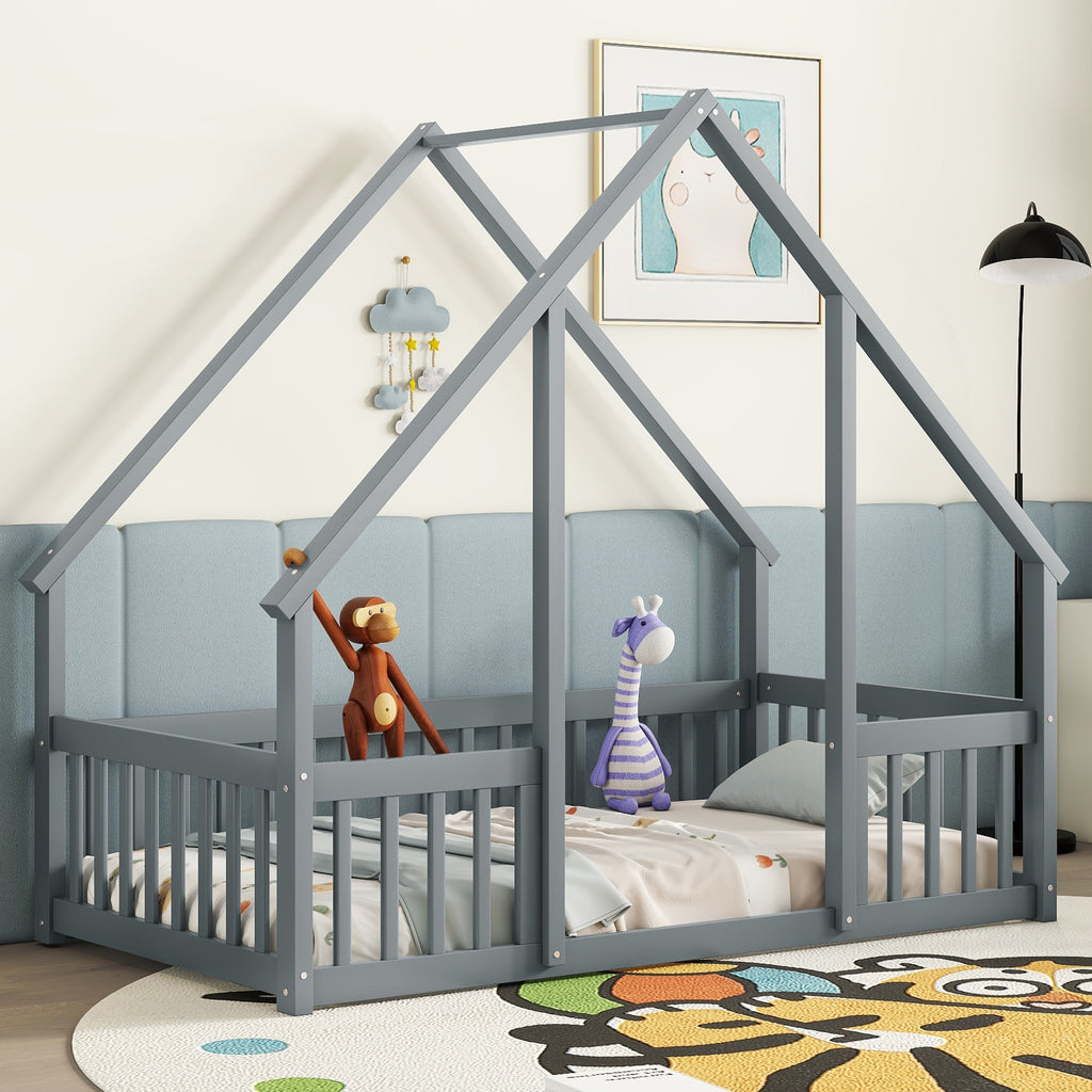Twin Wood House-Shaped Floor Bed with Fence, Guardrails