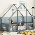 Twin Wood House-Shaped Floor Bed with Fence, Guardrails