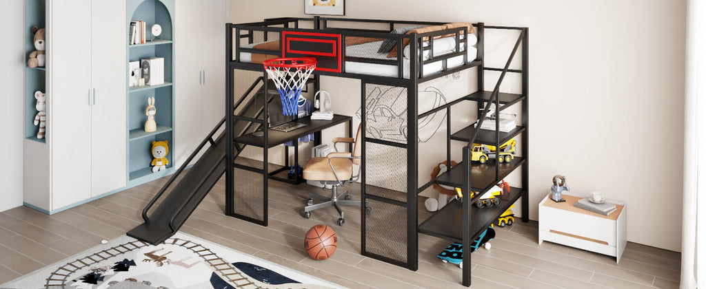 Full Size Metal Loft Bed with Built-in Desk, Open Wardrobe, Basketball Hoop, Slide and Staircase