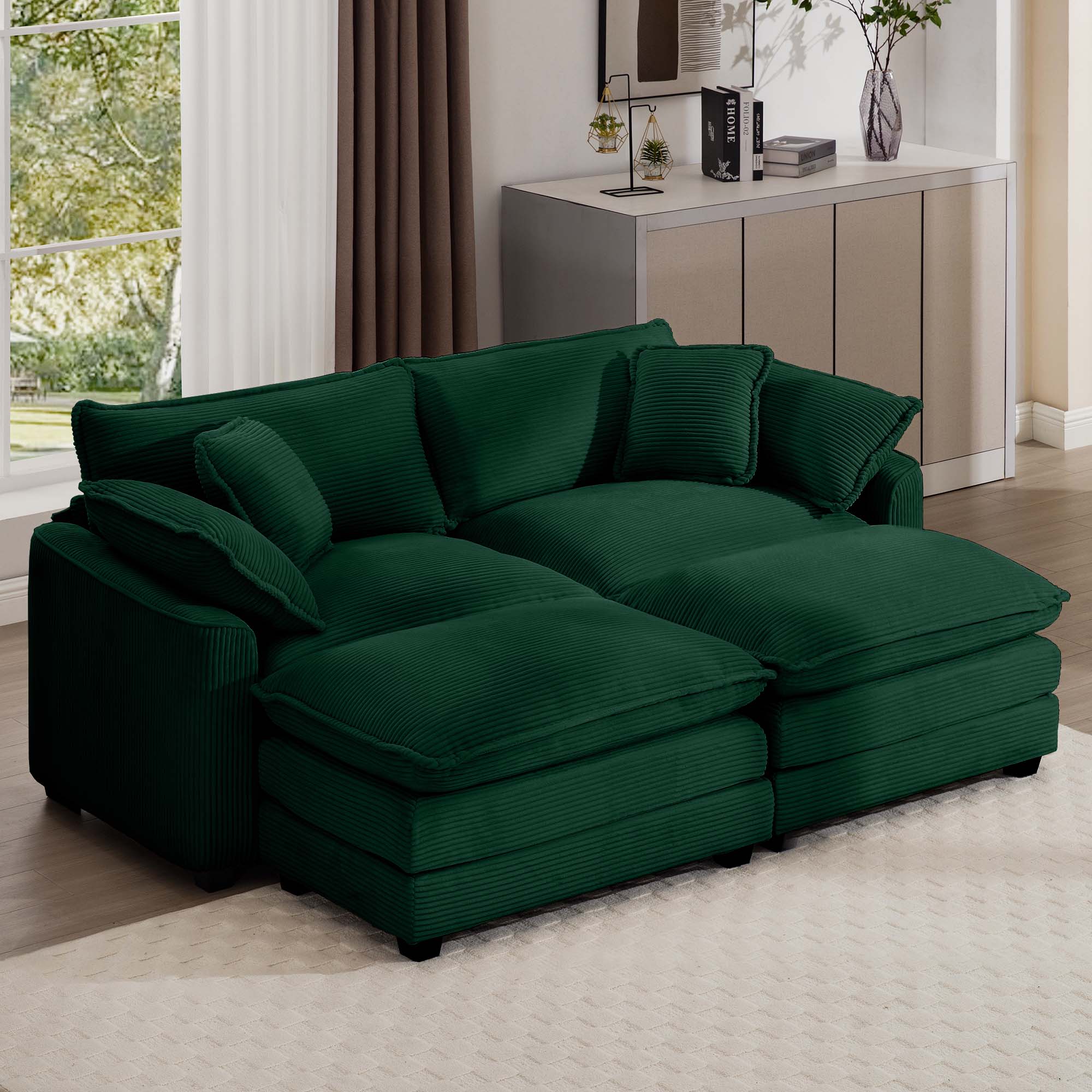 Corduroy Two-Seater Sofa with Ottoman