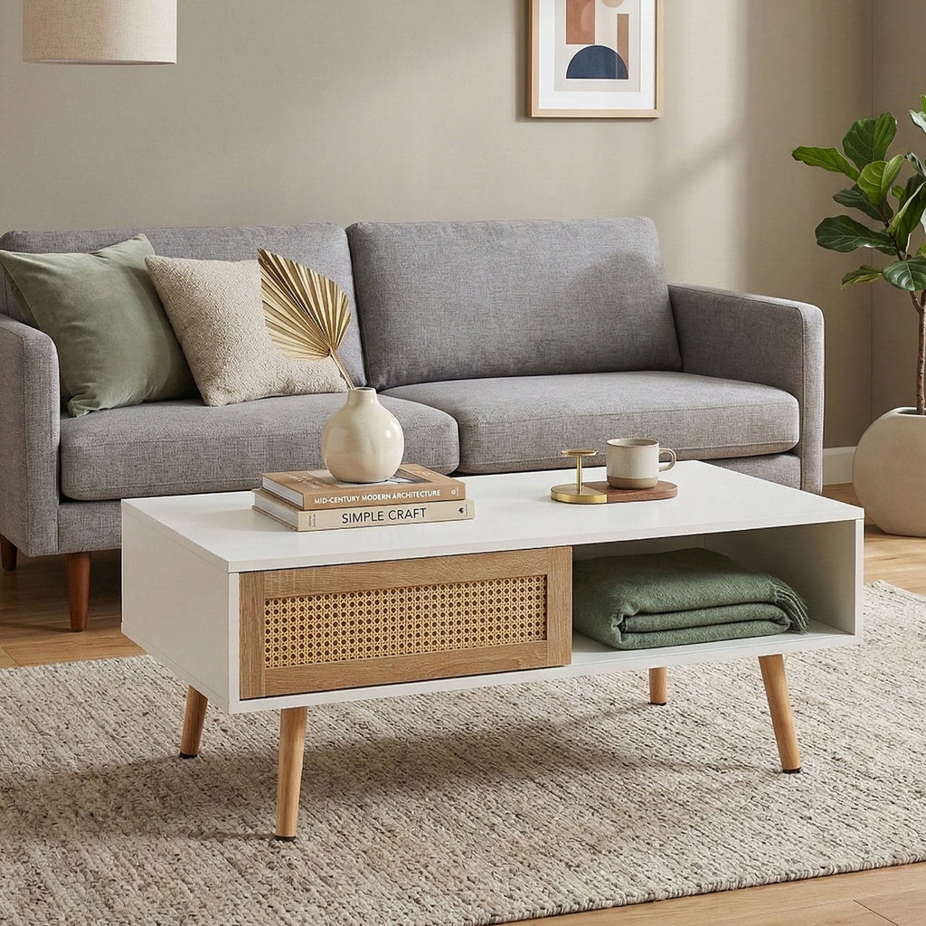 41.34" Rattan Coffee Table with Sliding Door Storage