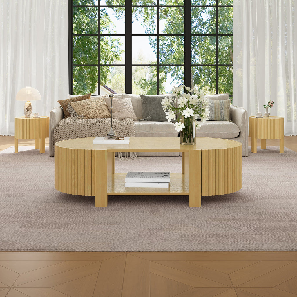 Oval Fluted Coffee Table with Storage for Living Room