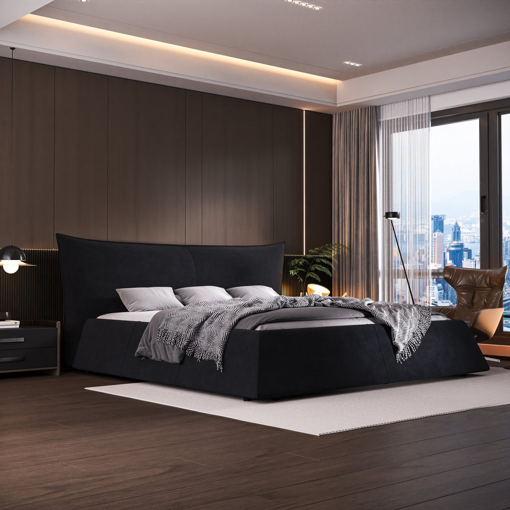 King Size Upholstered Platform Bed with Special Shaped Velvet Headboard